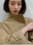 TEASEL Short Stand Collar Trench Coat in Khaki - On Female Model