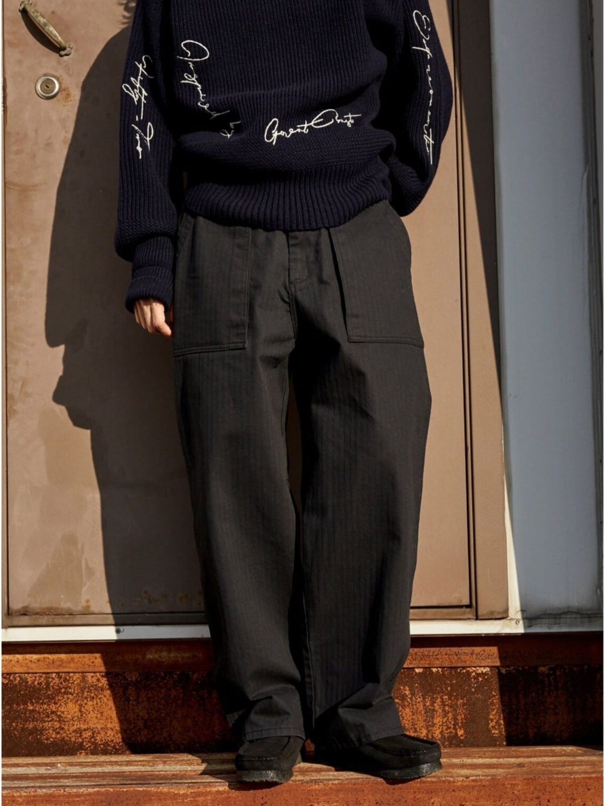 USAGE Heavyweight Herringbone Baker Pants in Navy Blue - On Model