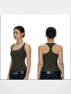 FaxCopyExpress Longline U Cut Racer Tank in Olive - On Female Model
