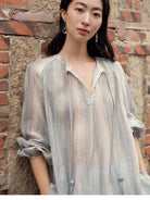 TEASEL Printed Lyocell Shirt Skirt Set in Blue - On Female Model