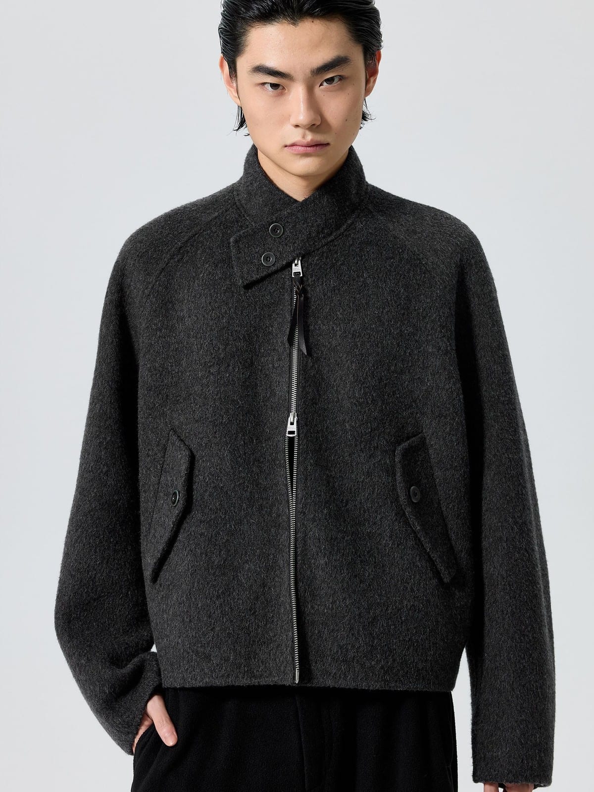 SIMPLE PROJECT Double Faced Wool Harrington Jacket in Gray - On Male Model