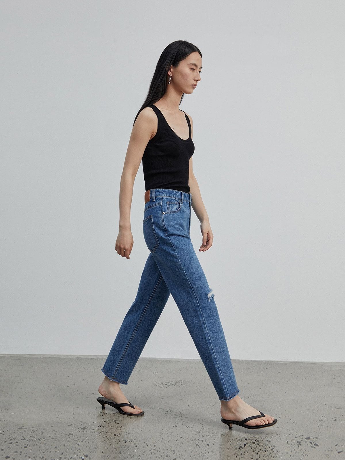 MSBEAST Distressed Turkish Denim Cropped Jeans in Denim - On Female Model