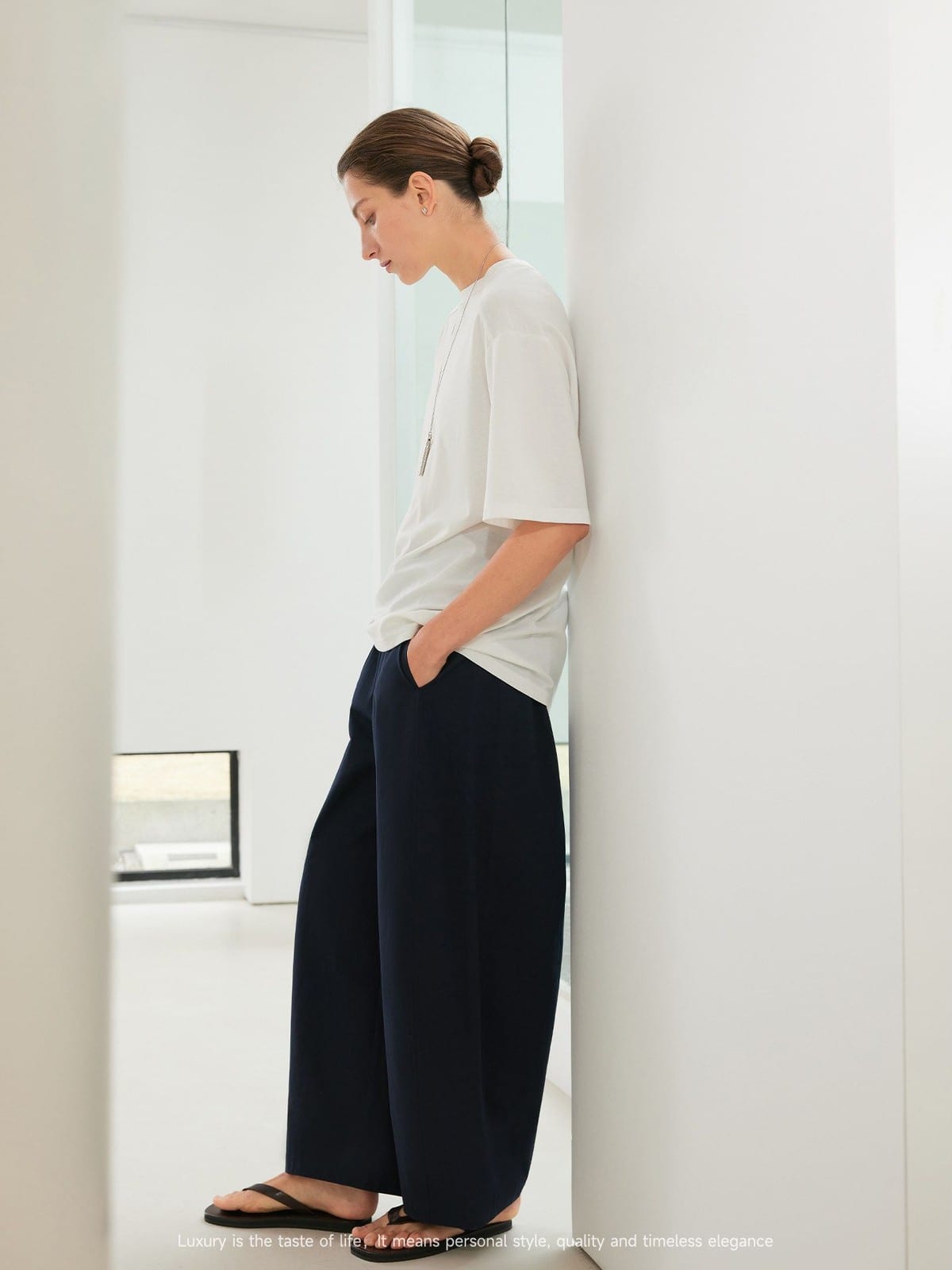 MSBEAST Paper Texture Cotton Balloon Pants in Navy Blue - On Female Model