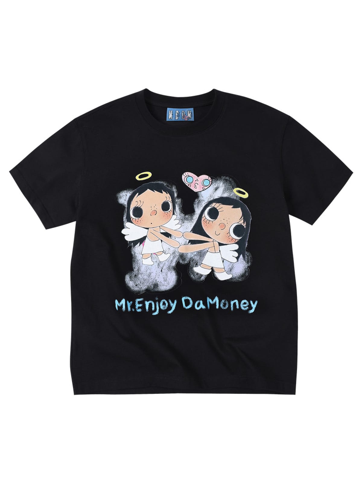 MEDM Embroidered Heart Cotton T Shirt in Black