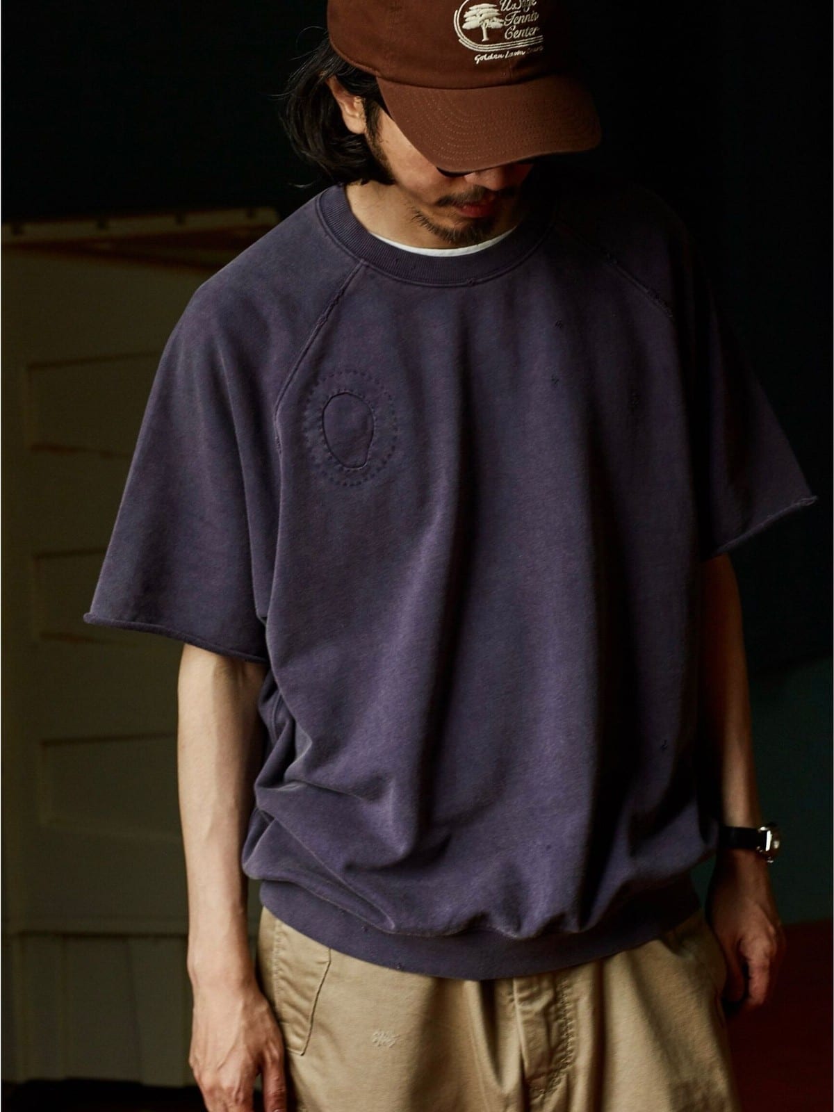 USAGE Vintage Wash Distressed Short Sleeve Sweatshirt in Purple - On Male Model