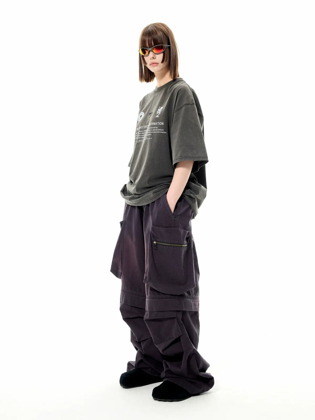 UNKNOWNWORLD Detachable Wide Leg Cargo Pants in Charcoal - On Female Model
