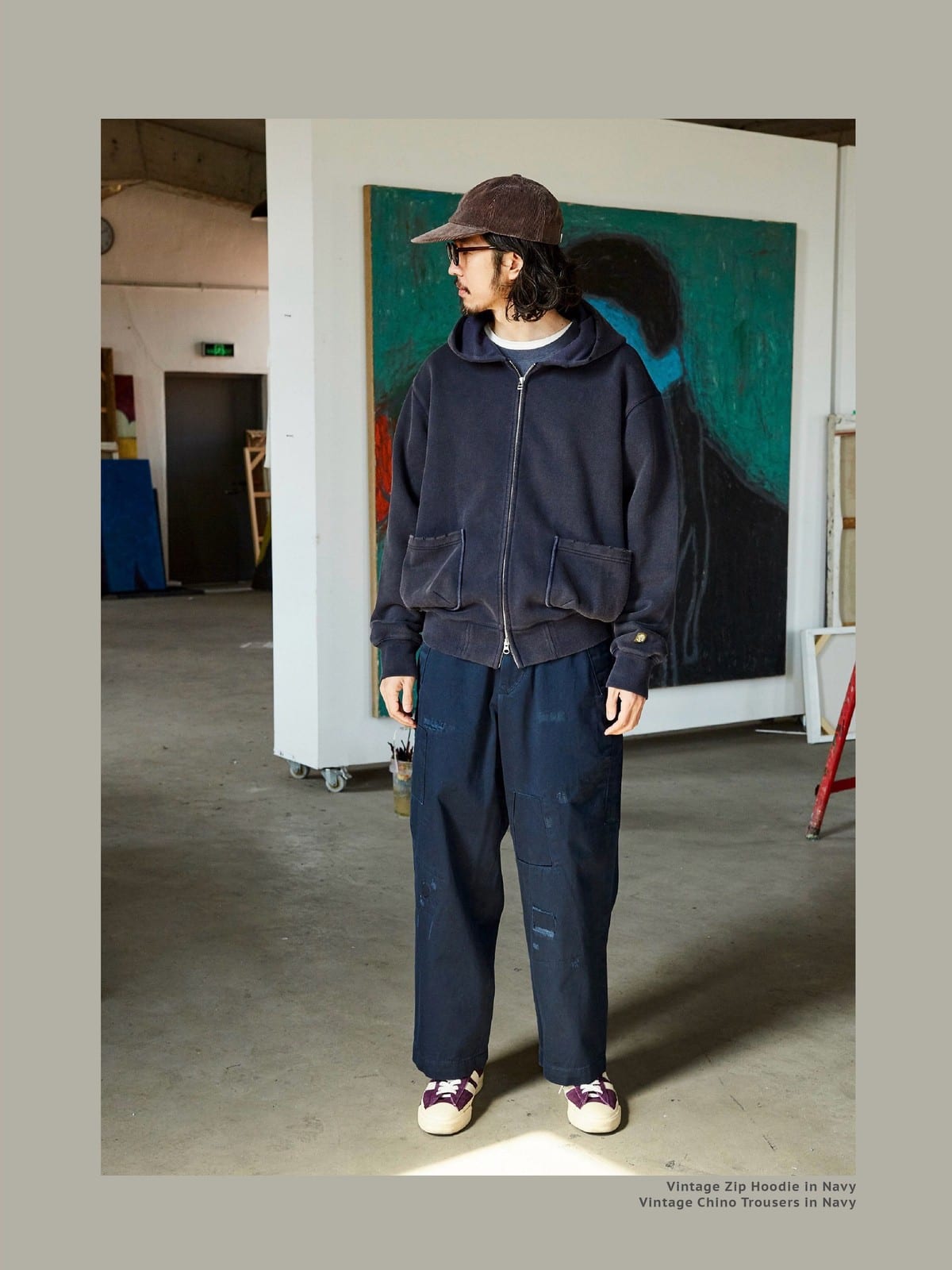 USAGE Hand Distressed Washed Zip Hoodie in Navy Blue - On Male Model