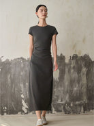 TEASEL Ruched Cotton Blend Knit Dress in Gray - On Female Model