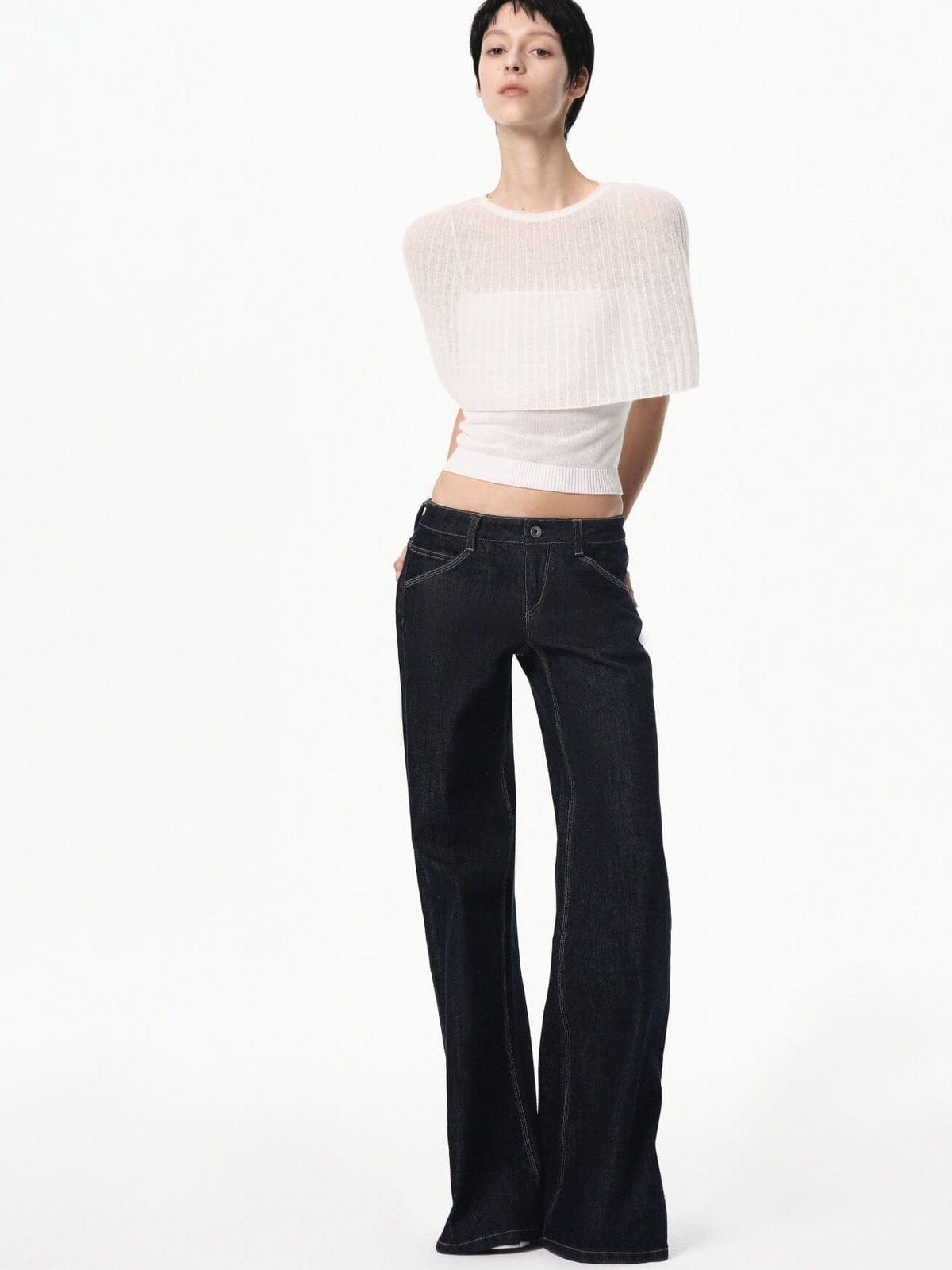 RARELY ALIKE Sheer Knit Cape Camisole Set in White - On Female Model