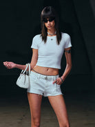 SMFK Ribbed Cotton Blend Cropped T Shirt in White - On Female Model