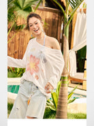 BeerBro Rhinestone Floral Sheer Top in White - On Female Model