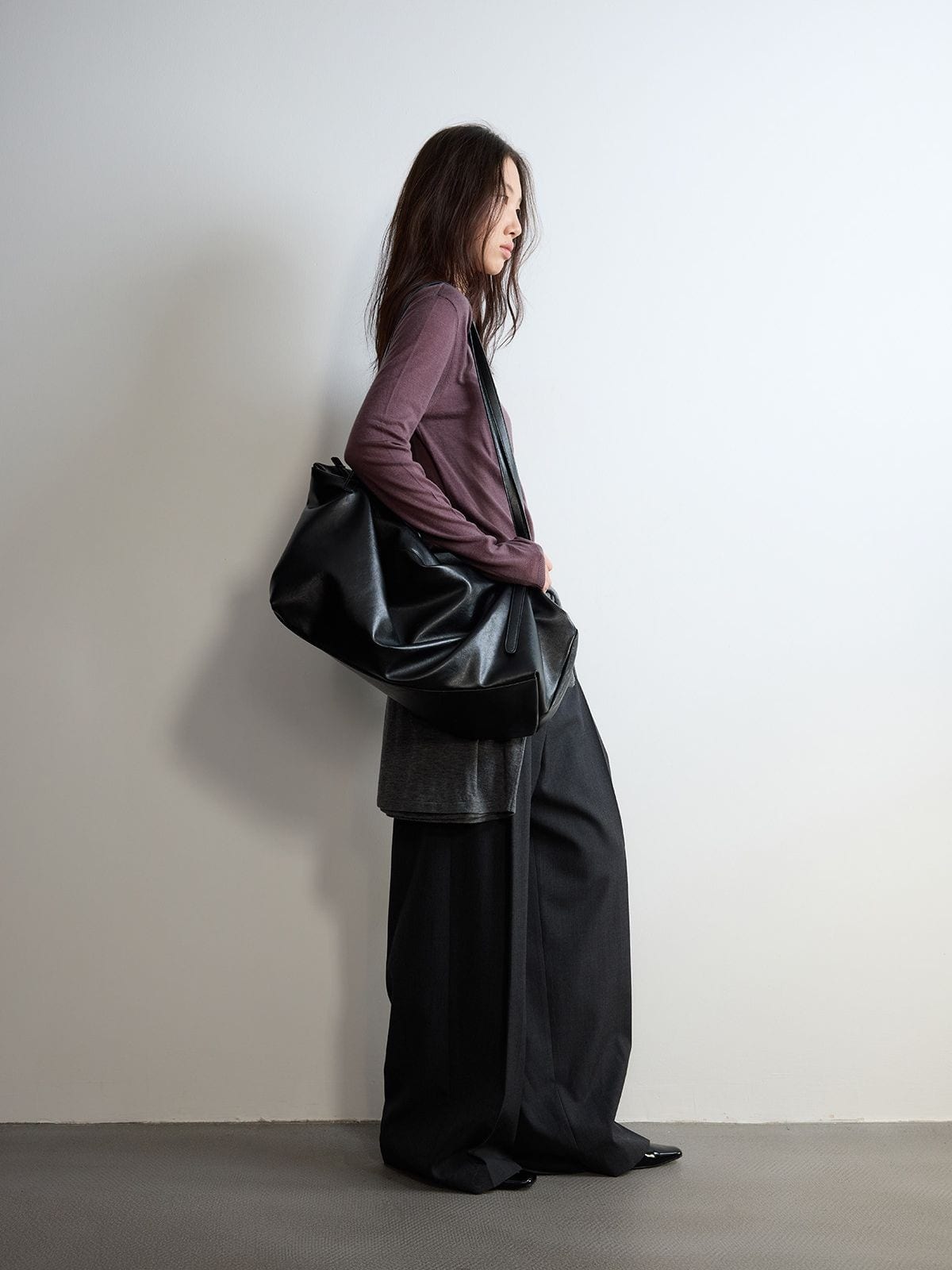 Random Piece Pleated Merino Wool Wide Leg Trousers in Gray - On Female Model