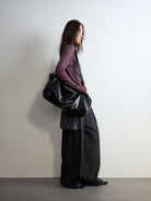 Random Piece Pleated Merino Wool Wide Leg Trousers in Gray - On Female Model