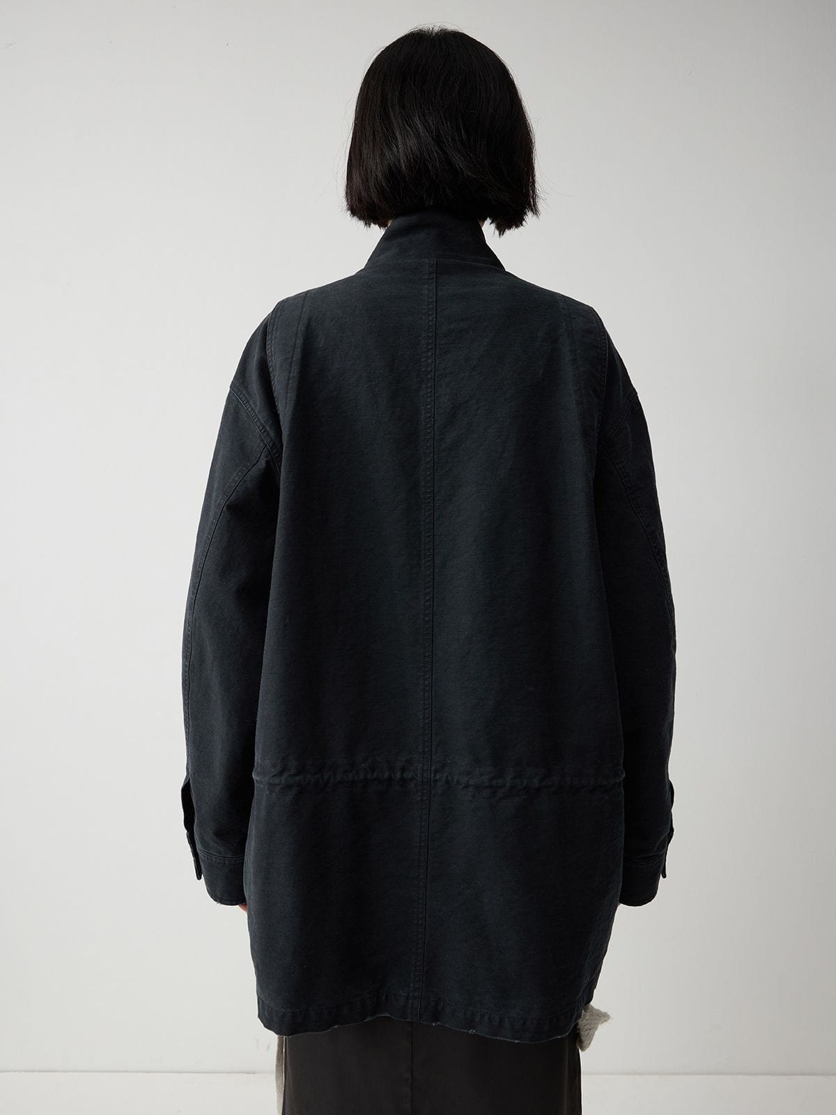 Random Piece Enzyme Washed Cotton Workwear Jacket in Navy Blue - On Model