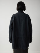Random Piece Enzyme Washed Cotton Workwear Jacket in Navy Blue - On Model
