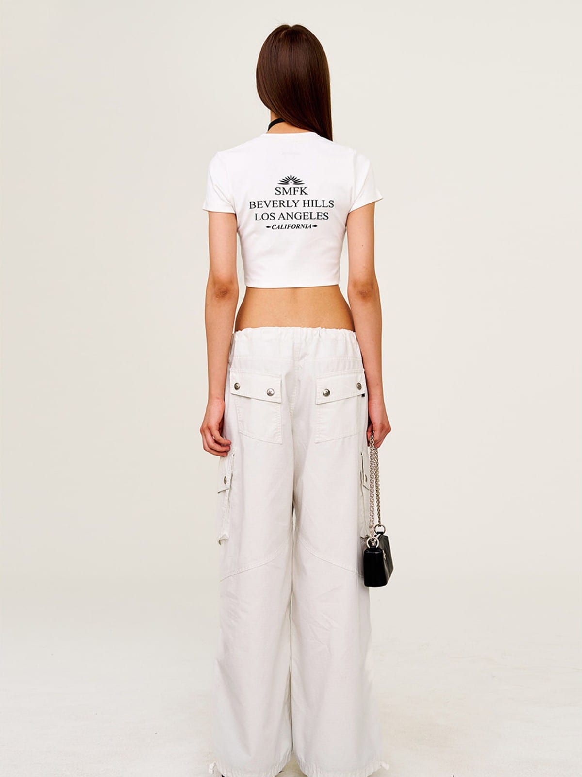 SMFK Wide Leg Parachute Cargo Pants in White - On Model