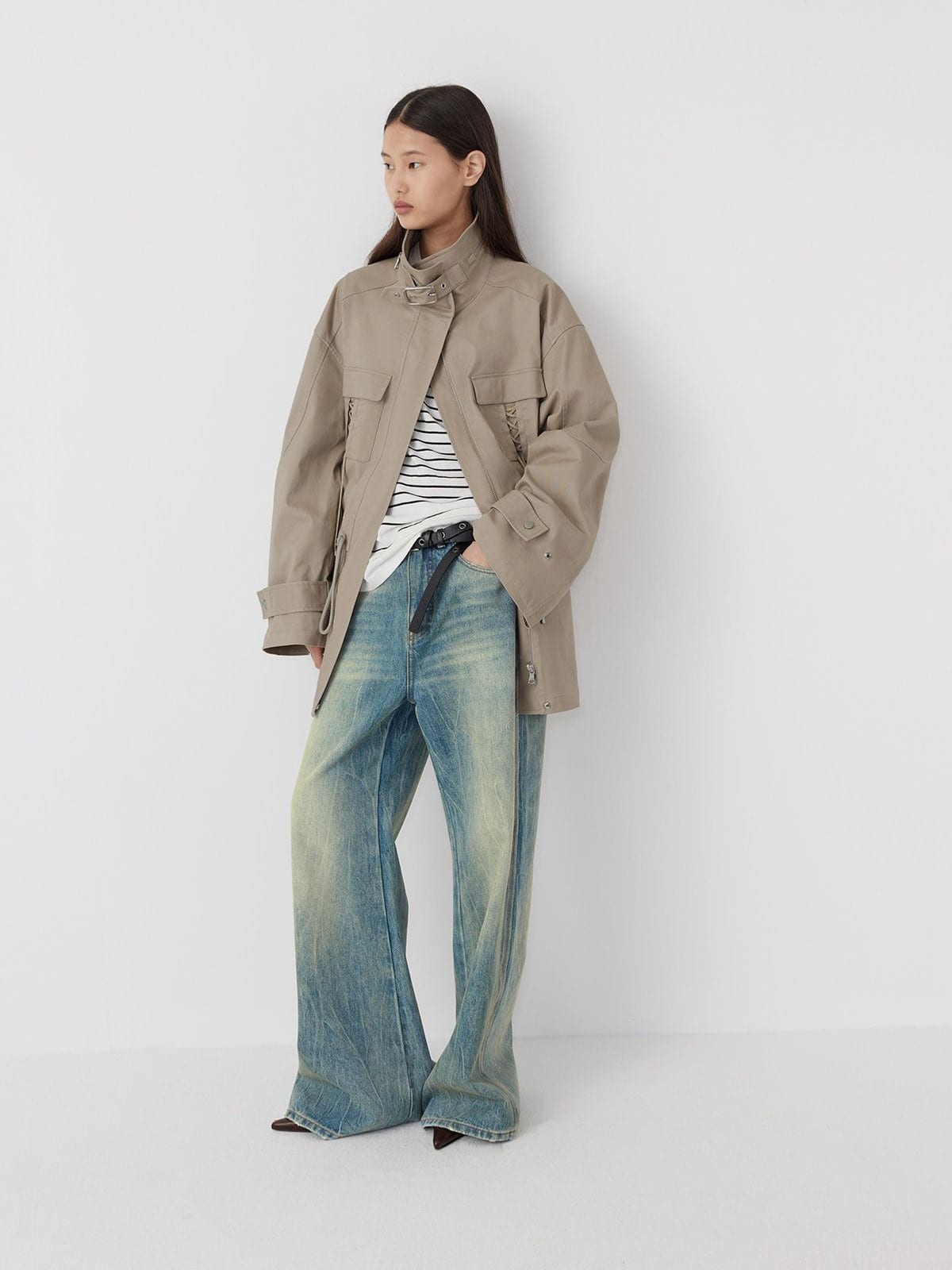 Random Piece Drawstring Cotton Twill Utility Jacket in Beige - On Female Model