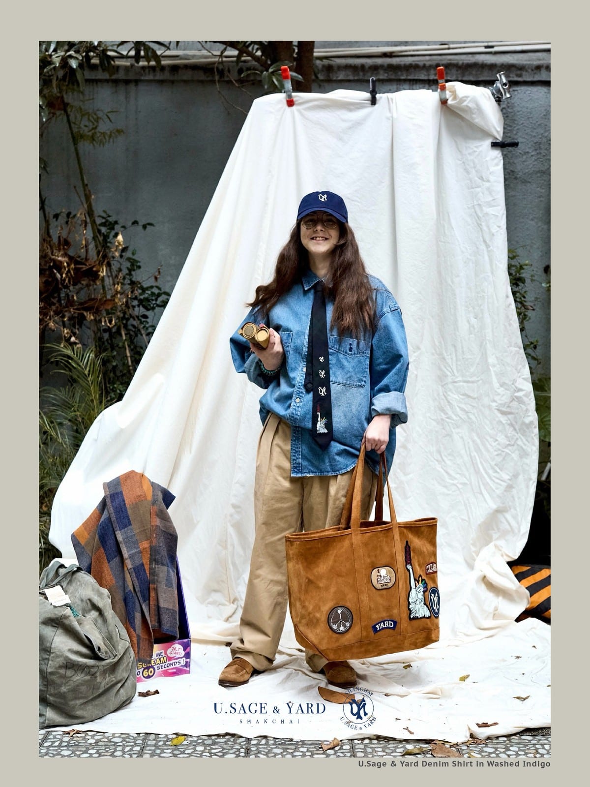 USAGE Washed Distressed Denim Shirt in Denim - On Female Model