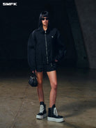 SMFK Crinkled Zip Up Sports Jacket in Black - On Female Model