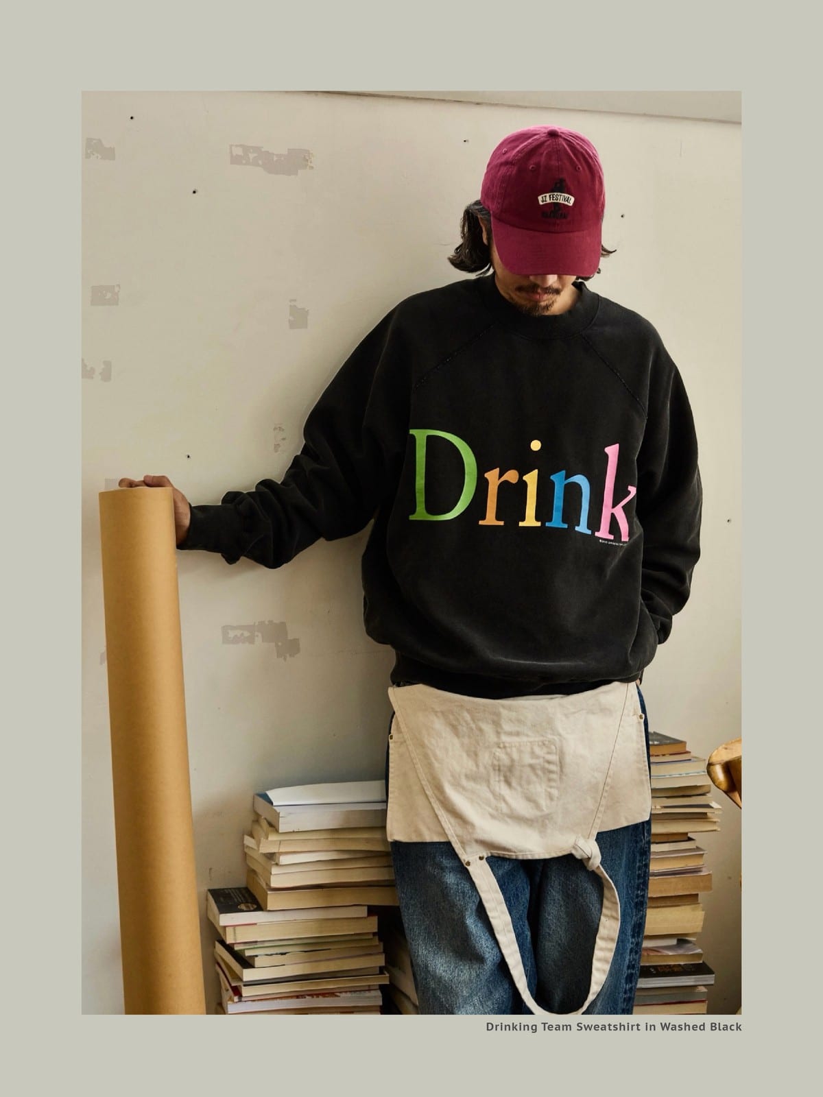 USAGE Washed Cotton Graphic Sweatshirt in Black - On Male Model