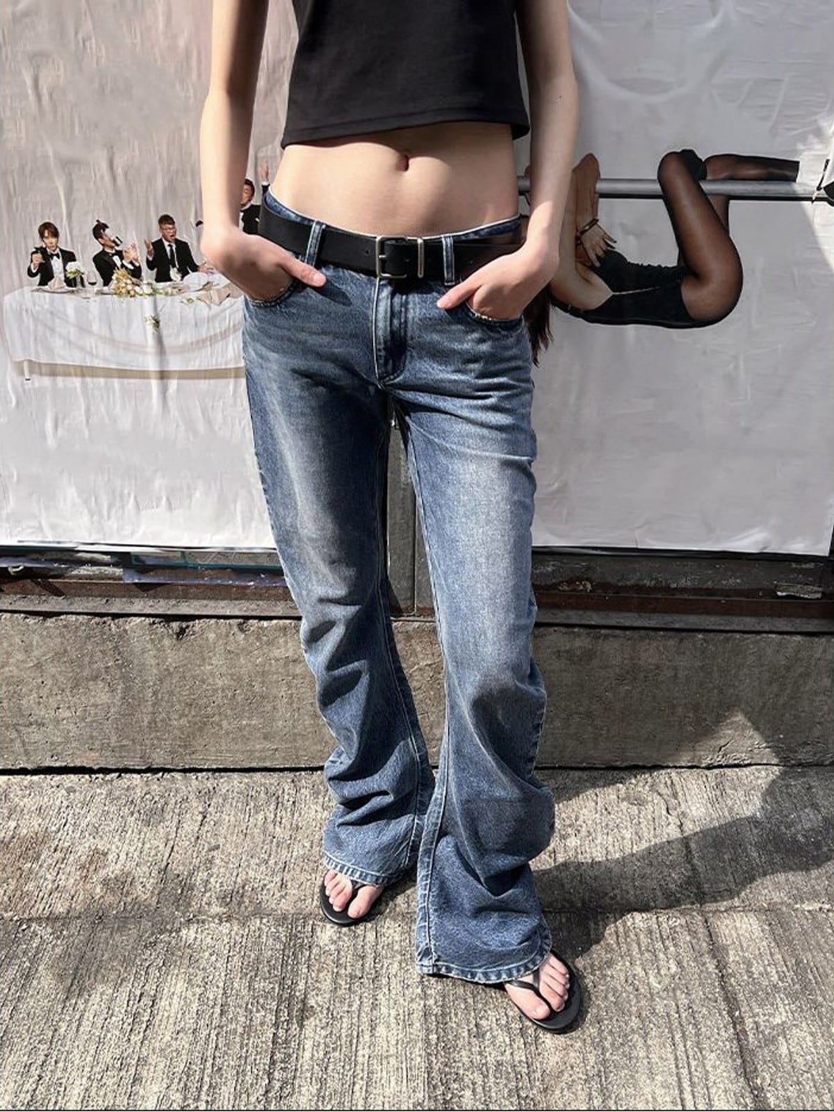 RARELY ALIKE 3D Cut Curved Flared Jeans in Denim - On Female Model