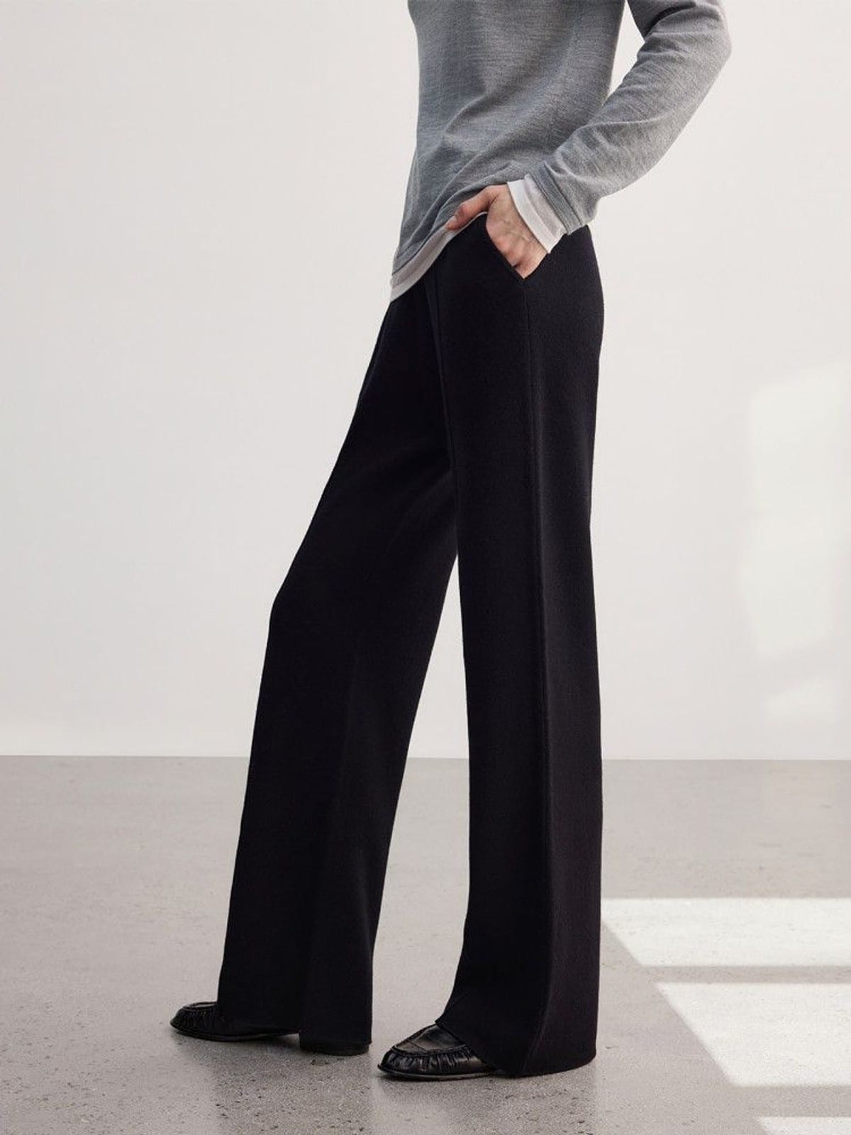MSBEAST Biella Merino Wool Wide Leg Pants in Black - On Female Model