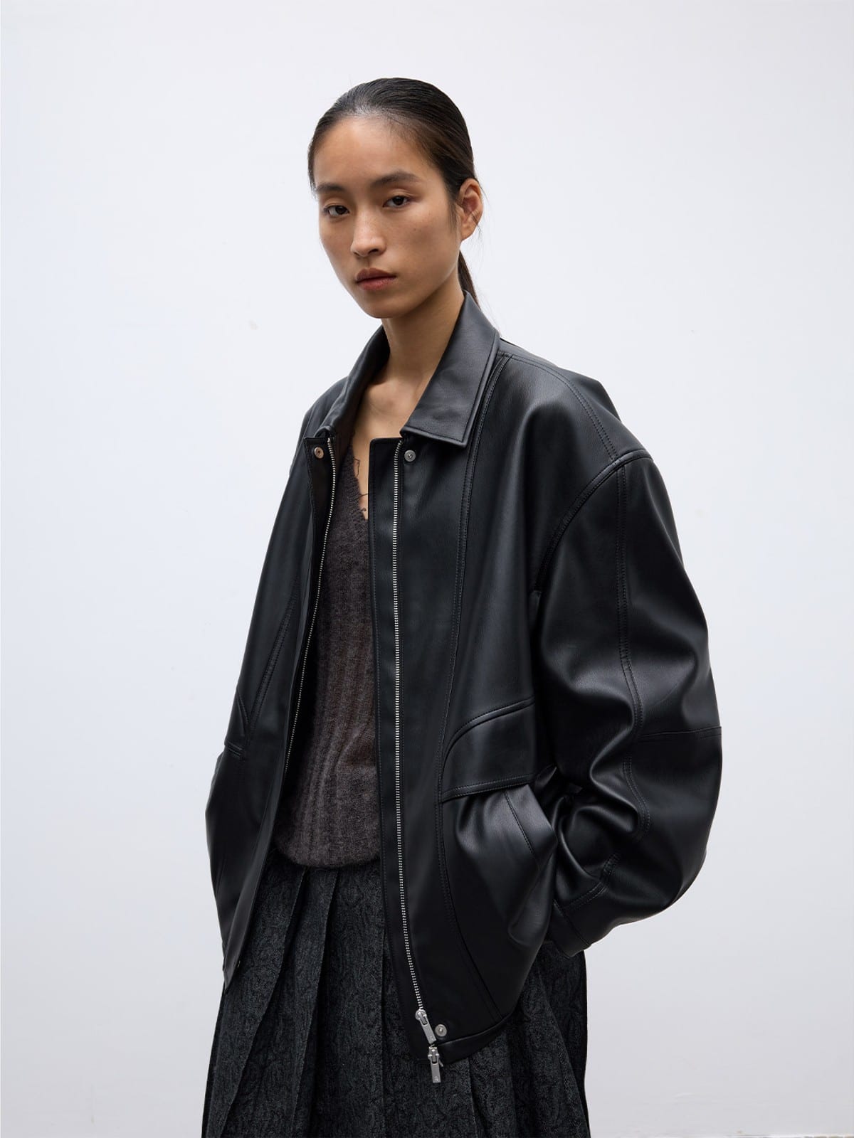 Random Piece Drop Shoulder Matte Faux Leather Jacket in Black - On Female Model