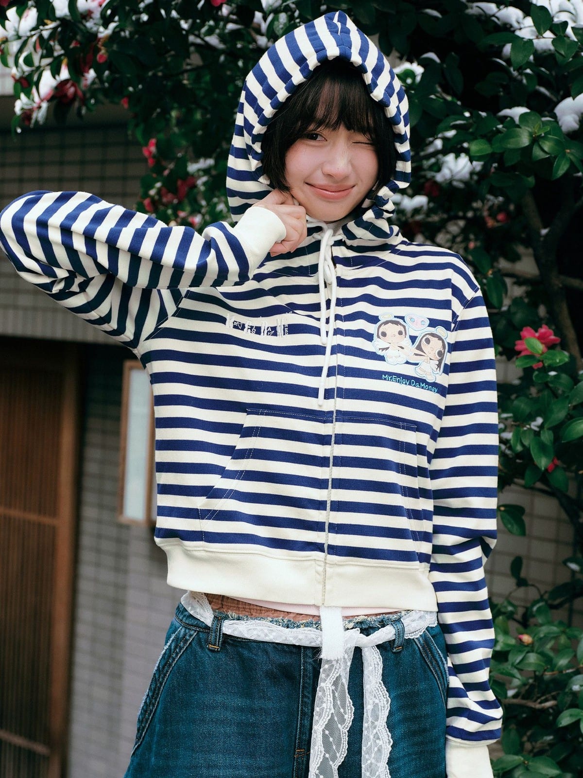 MEDM Cropped Striped Applique Zip Hoodie in Navy Blue - On Female Model