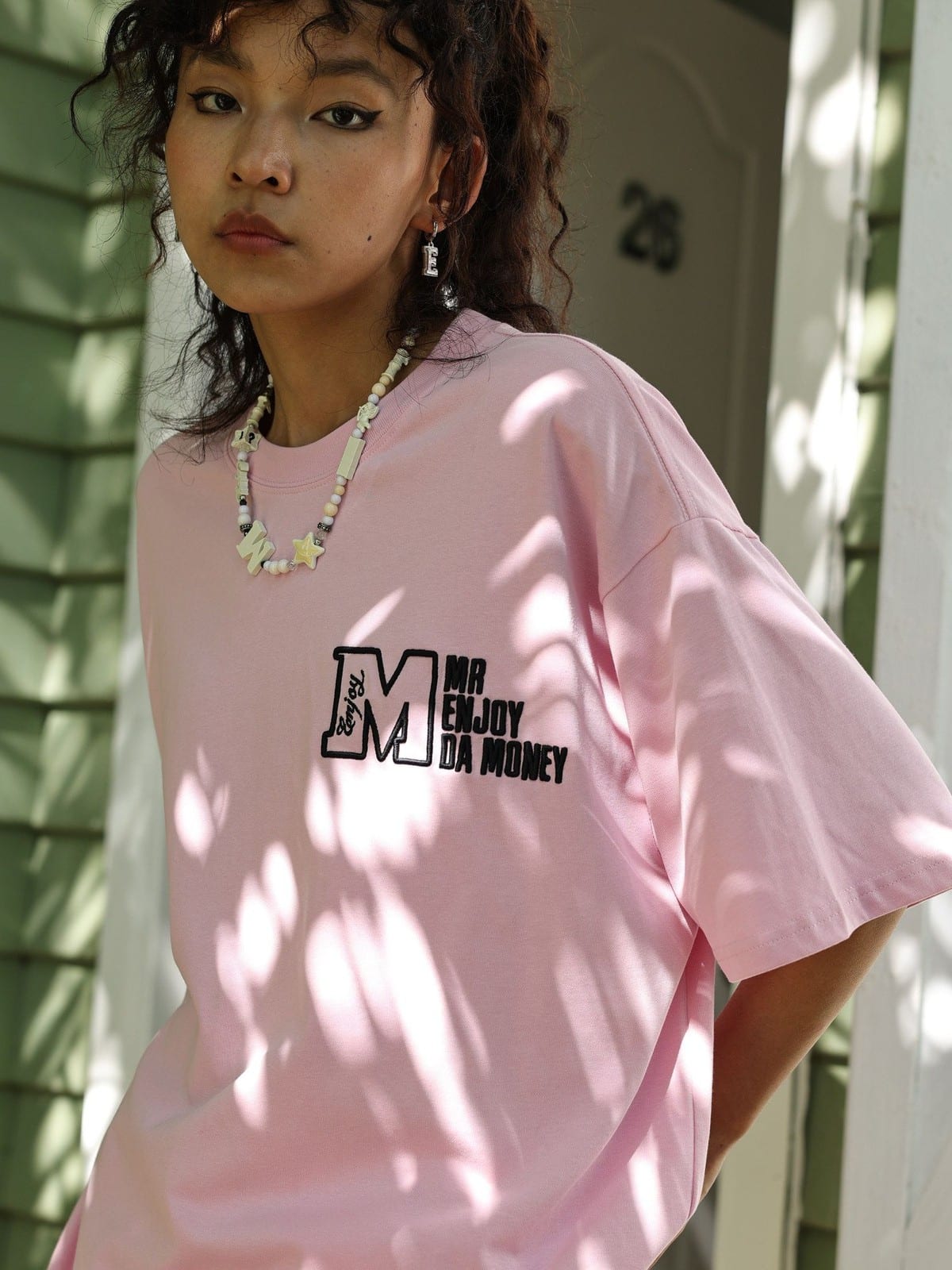 MEDM Half Sleeve Cotton Logo T Shirt in Pink - On Female Model