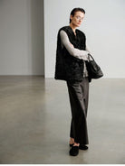 MSBEAST Cropped Wide Leg Leather Trousers in Brown - On Female Model