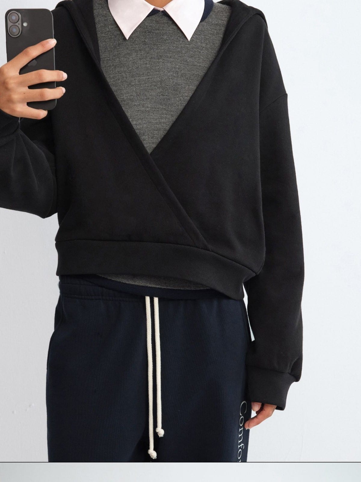 RARELY ALIKE Cotton V Neck Wrap Hoodie in Black - On Model