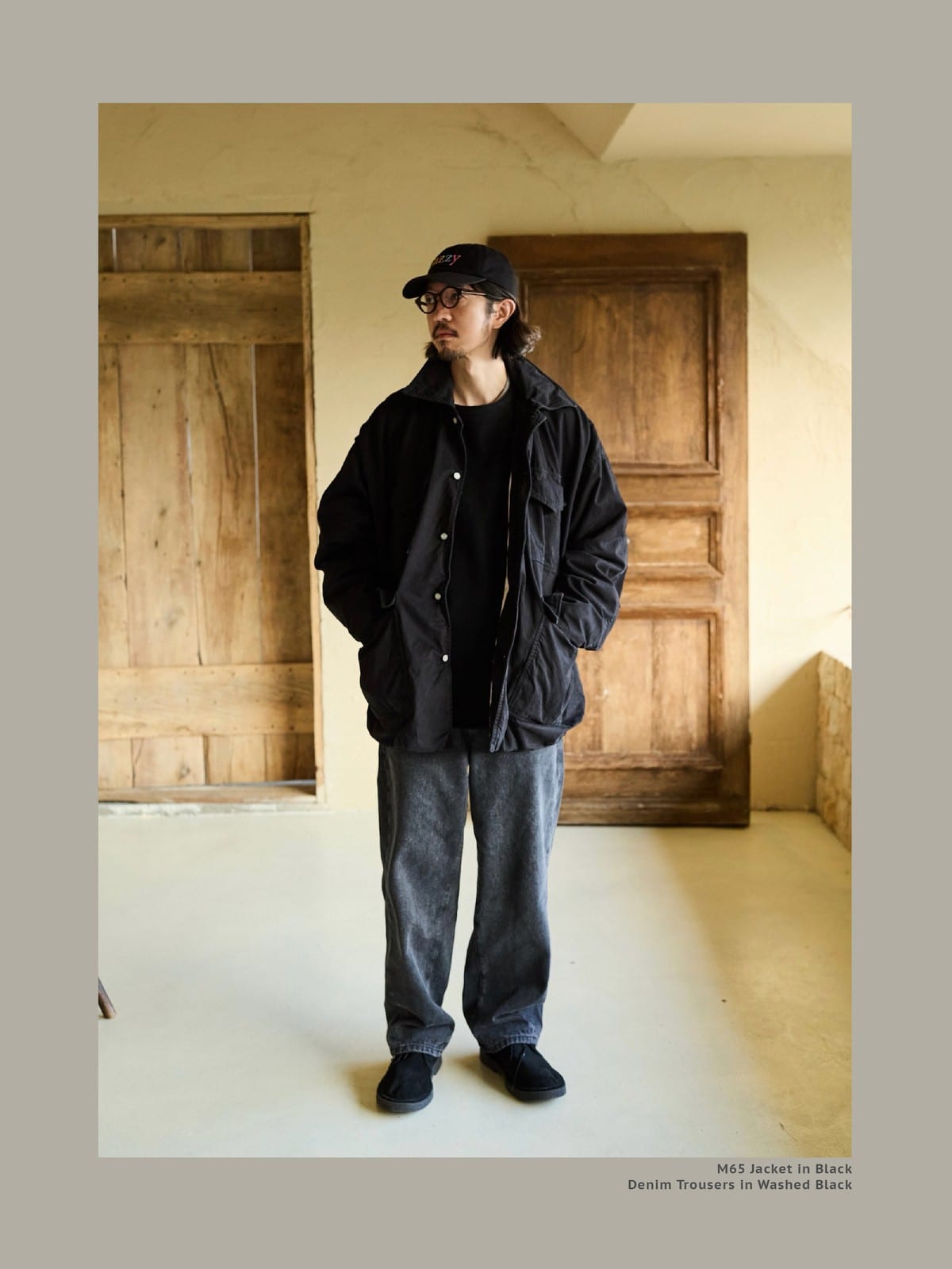 USAGE Washed Cotton Twill M65 Jacket in Black - On Male Model