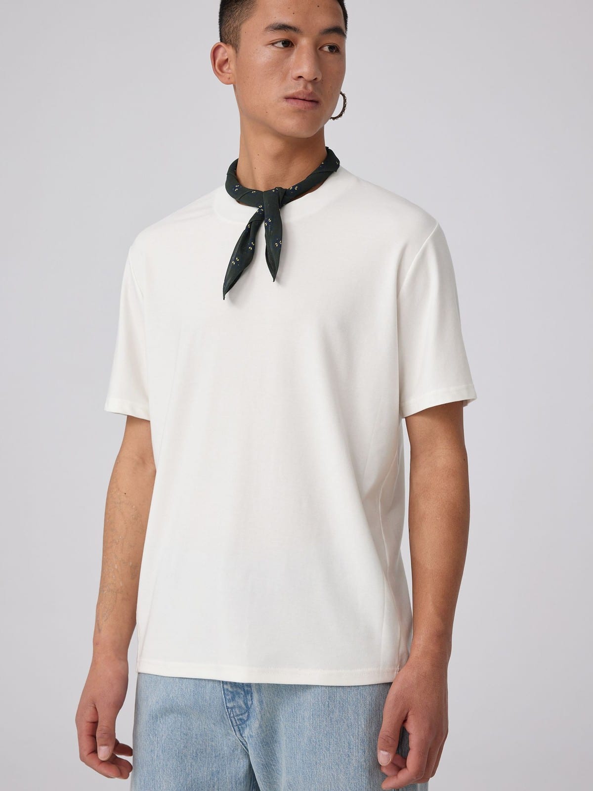 SIMPLE PROJECT Wool Blend Crewneck T Shirt in White - On Male Model