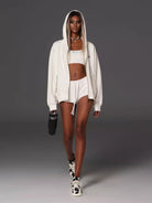 SMFK Cotton Wool Oversized Zip Up Hoodie in White - On Female Model