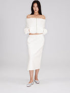 RARELY ALIKE Cotton Side Slit Midi Skirt in White - On Female Model