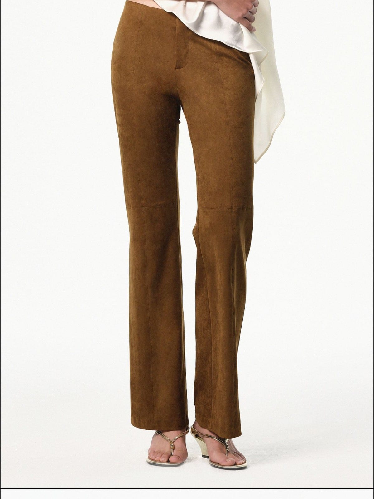 RARELY ALIKE Eco Suede Cropped Bootcut Pants in Caramel - On Female Model
