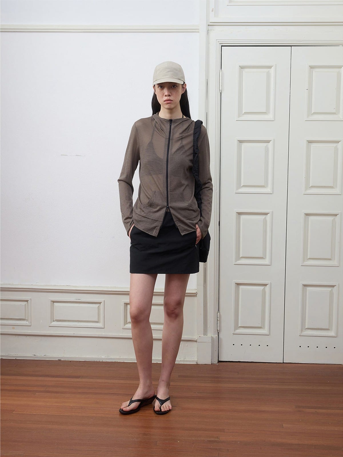 Random Piece Lightweight Merino Hooded Zip Cardigan in Brown - On Female Model