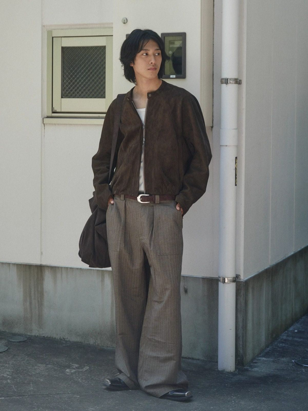 Retro 21 Faux Suede Batwing Balloon Jacket in Brown - On Male Model