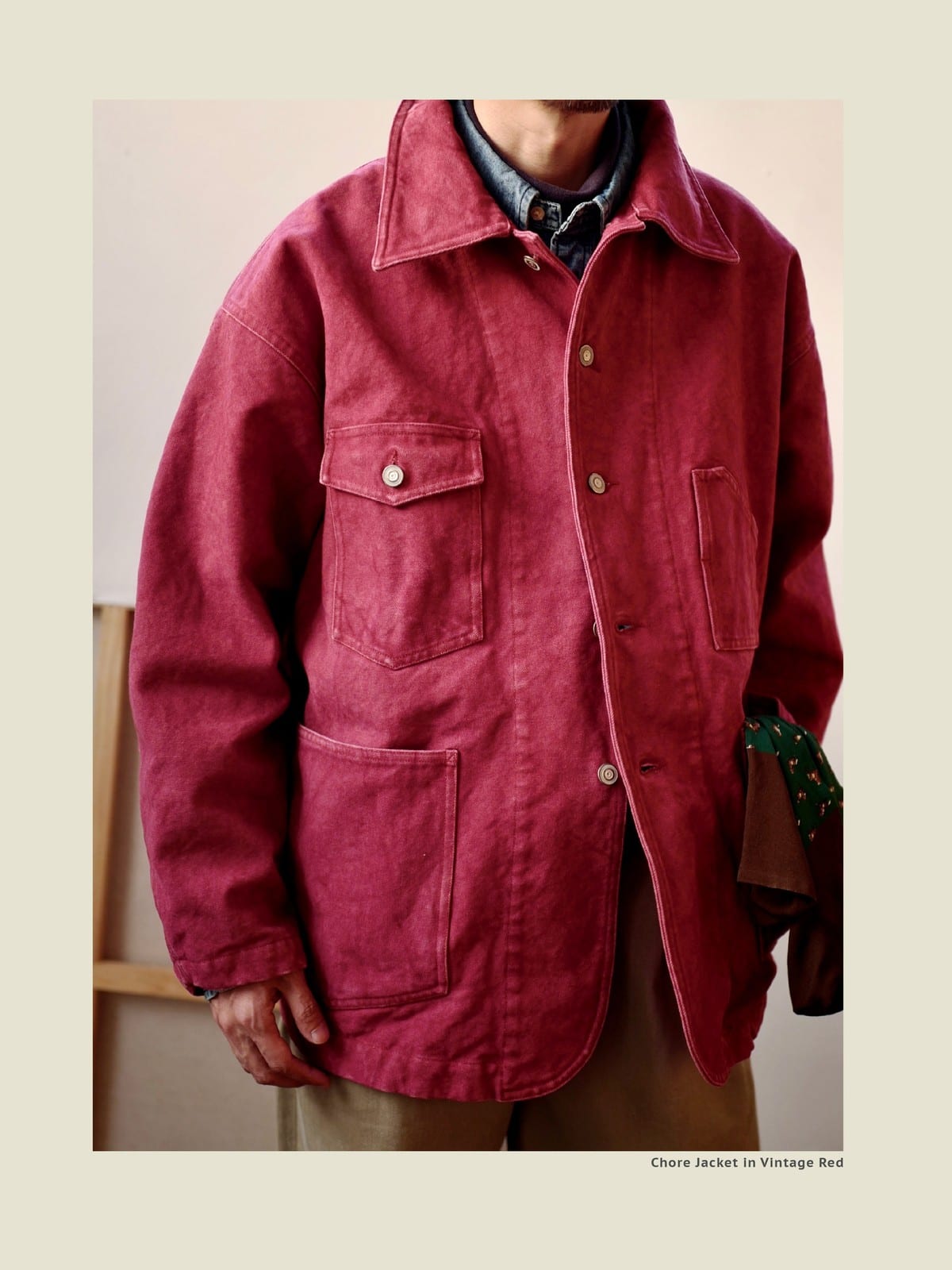 USAGE Washed Heavyweight Cotton Chore Jacket in Red - On Male Model