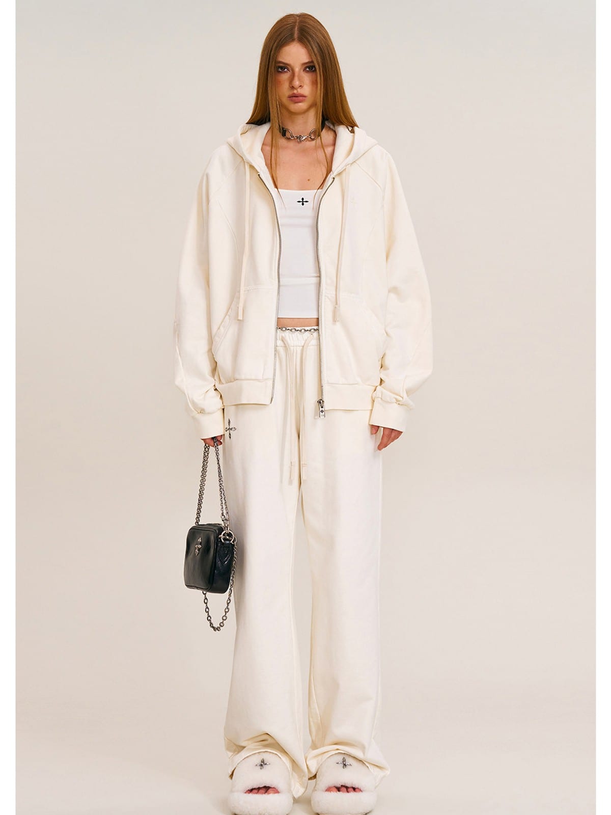 SMFK Distressed Washed Cotton Zip Up Hoodie in White - On Female Model