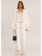 SMFK Distressed Washed Cotton Zip Up Hoodie in White - On Female Model