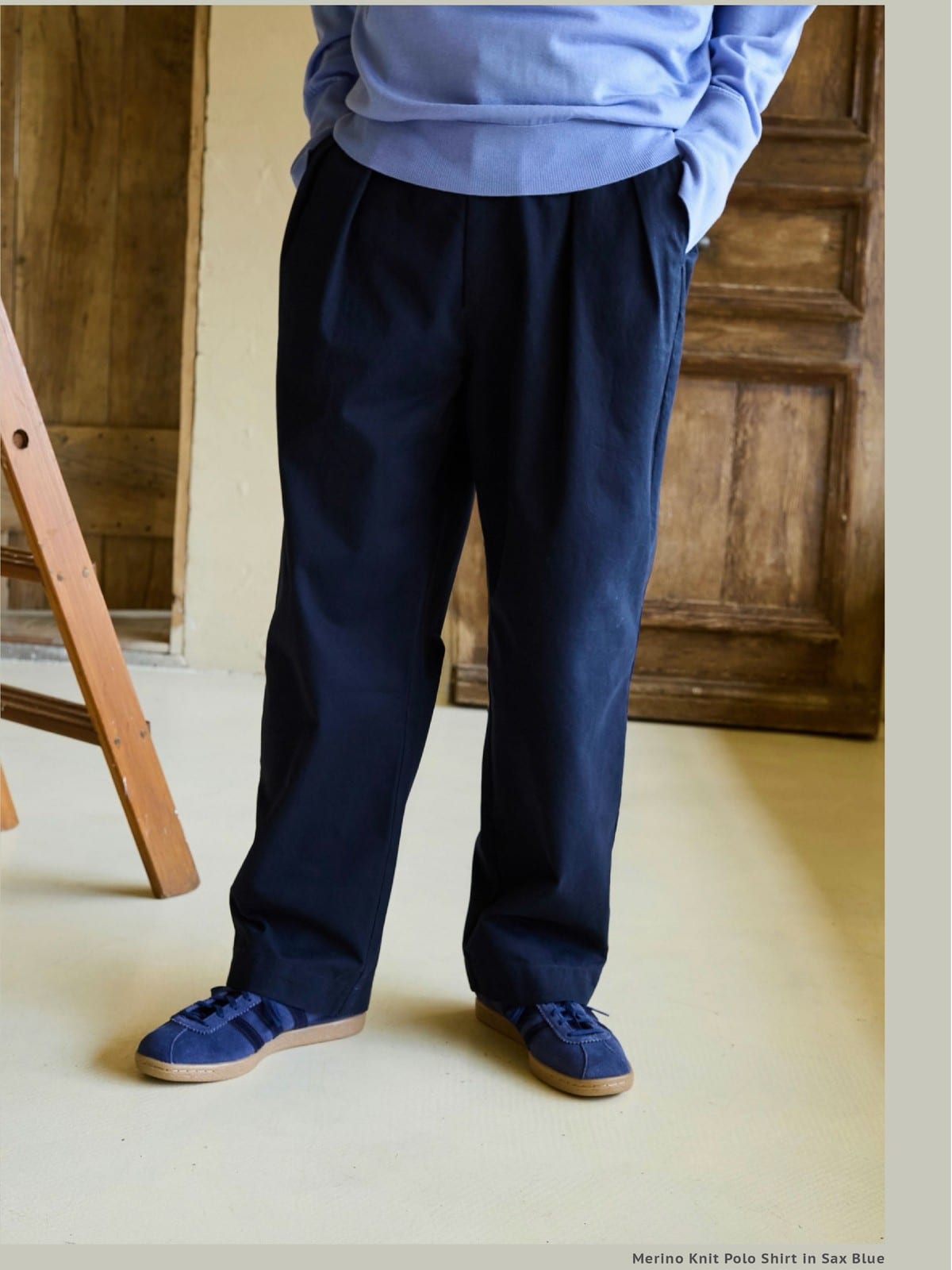 USAGE Pleated Cotton Twill Chinos in Navy Blue - On Model
