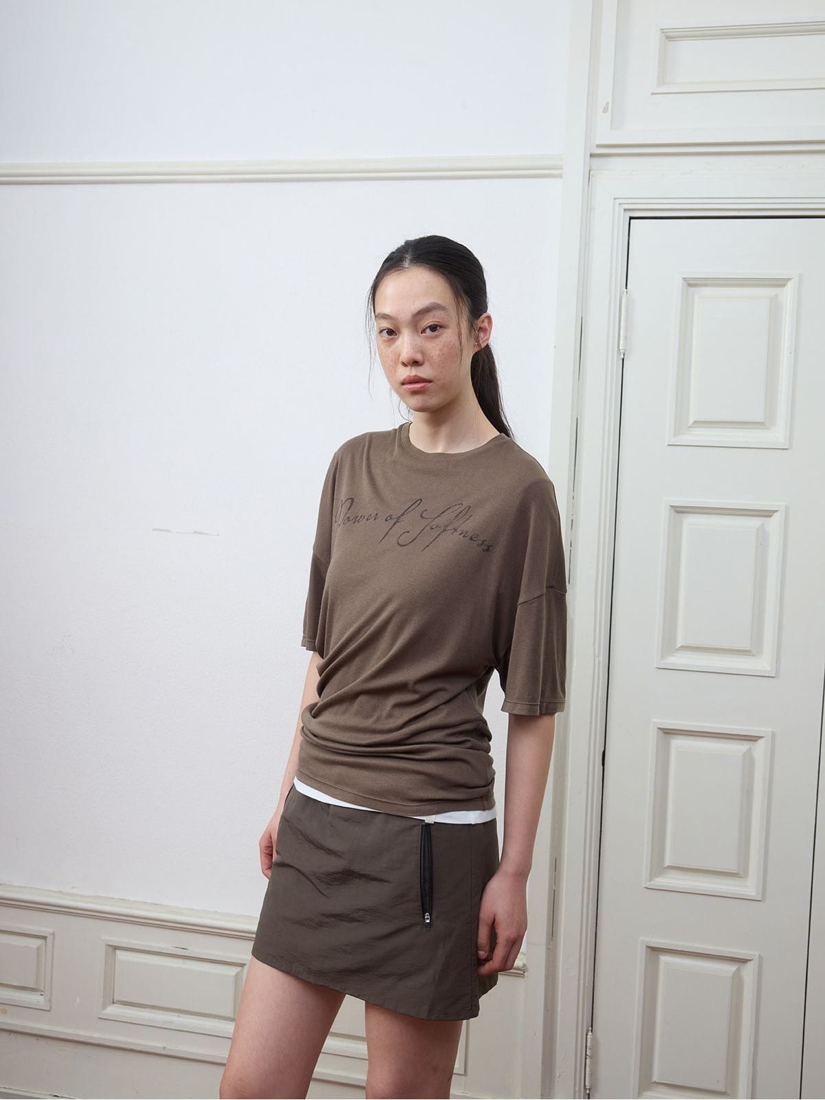 Random Piece Ruched Asymmetrical Graphic T Shirt in Brown - On Female Model