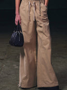 SMFK Wide Leg Cotton Cargo Sweatpants in Beige - On Female Model
