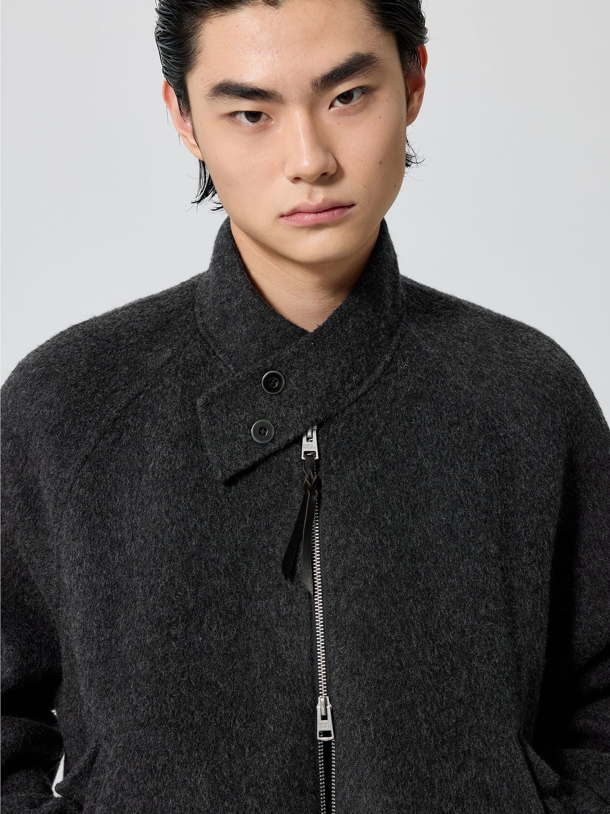 SIMPLE PROJECT Double Faced Wool Harrington Jacket in Gray - On Male Model