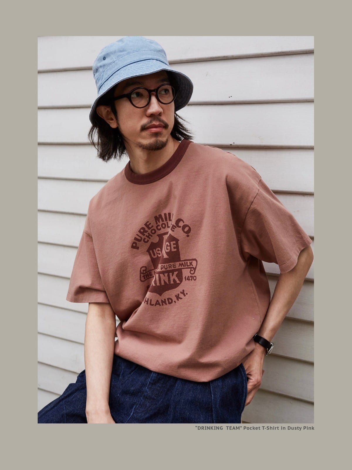 USAGE Graphic Cotton Ringer T Shirt in Pink - On Male Model