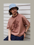 USAGE Graphic Cotton Ringer T Shirt in Pink - On Male Model