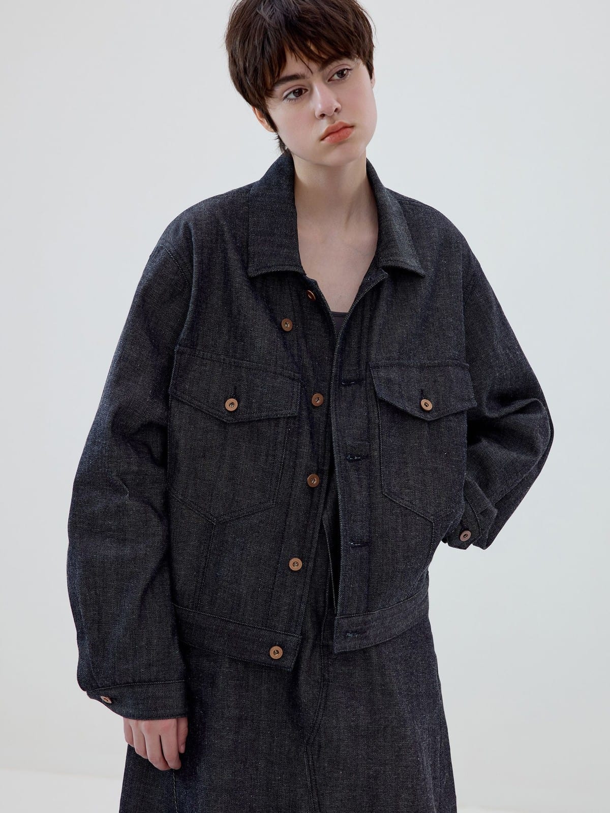 SIMPLE PROJECT Ramie Blend Raw Denim Field Jacket in Blue - On Model