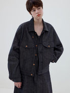 SIMPLE PROJECT Ramie Blend Raw Denim Field Jacket in Blue - On Model
