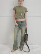 RARELY ALIKE Cropped Cotton Crew Neck T Shirt in Olive - On Female Model